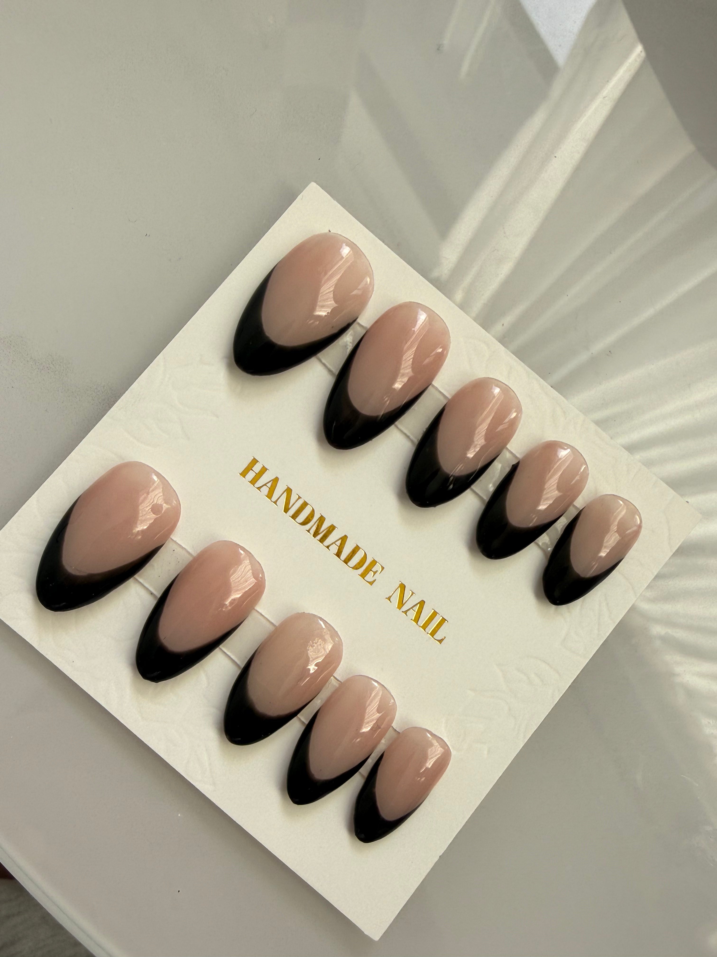 Elegant Nude & Black French Tip Press-On Nails